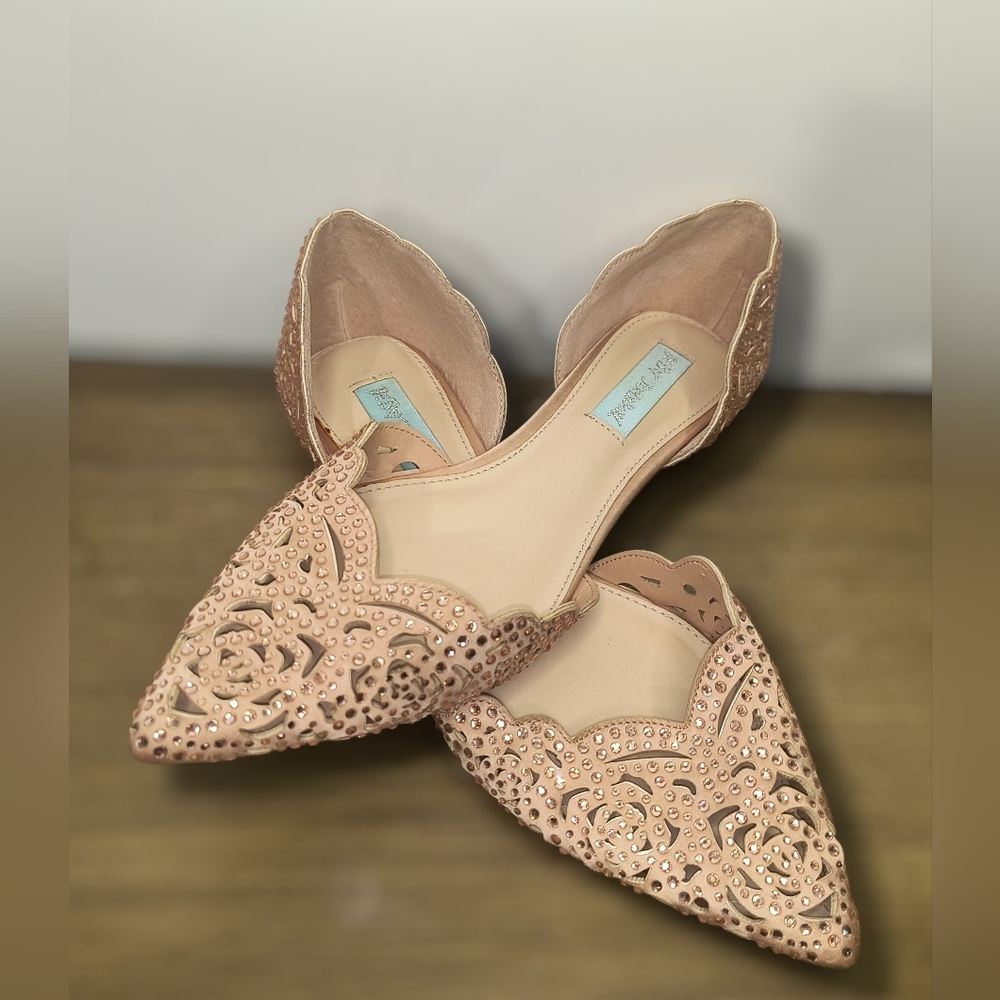 Betsey Johnson Lucy Embellished d'Orsay Flats Champagne Wedding Formal Size 8